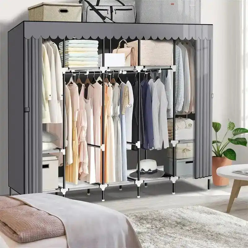 Black/Grey Portable Wardrobe Closet with Hanging Rods and Shelves