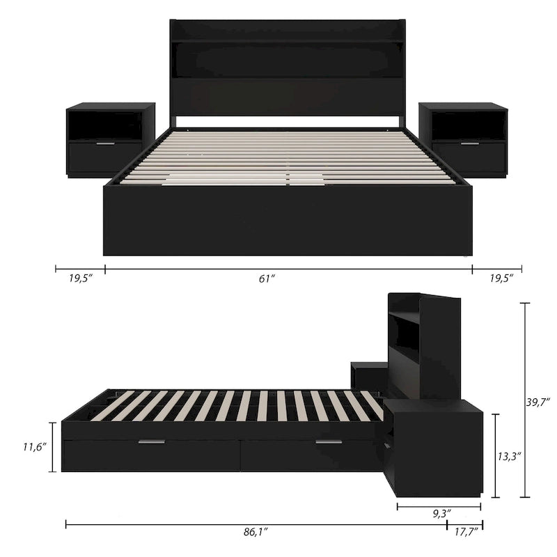 Letto a piattaforma Hunter con testiera e 2 comodini