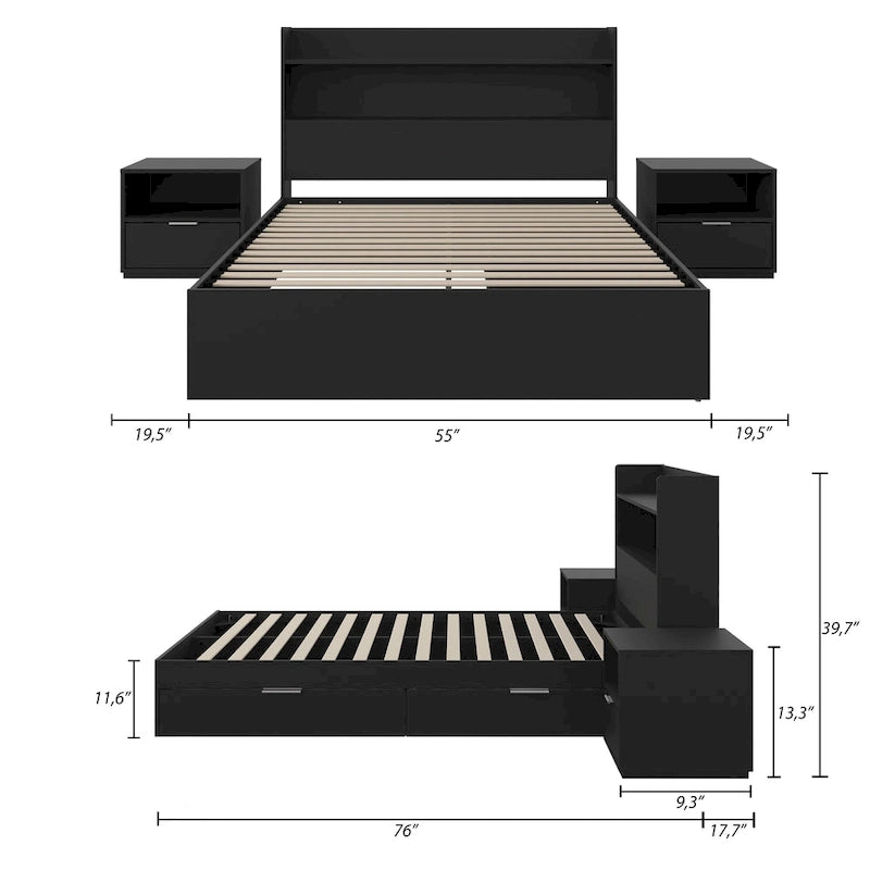 Letto a piattaforma Hunter con testiera e 2 comodini