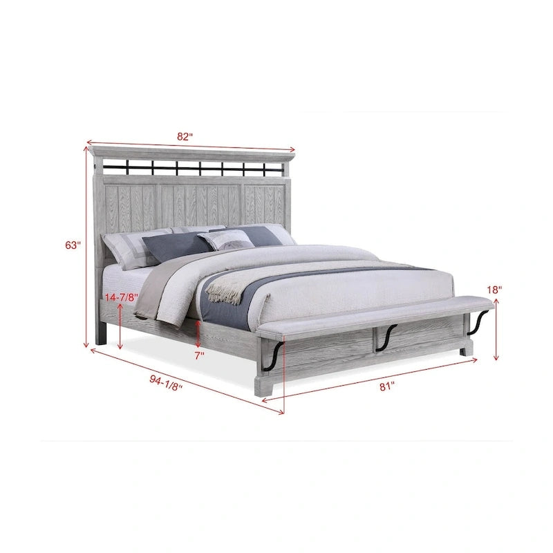 Set camera da letto Debra 6 pezzi con pannelli grigi e panca pediera