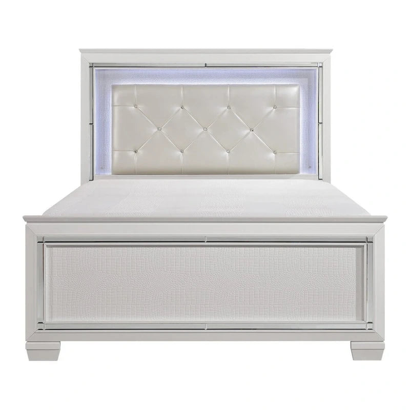 Letto matrimoniale Noah Contemporary Queen, testiera capitonné con cristalli retroilluminata a LED, bianco
