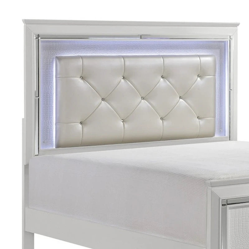 Letto matrimoniale Noah Contemporary Queen, testiera capitonné con cristalli retroilluminata a LED, bianco