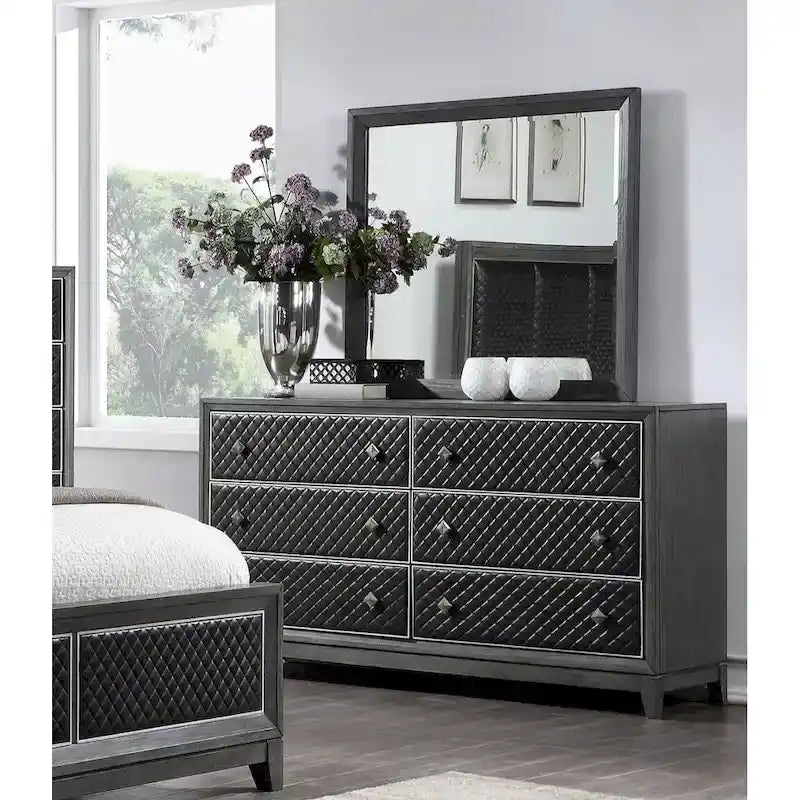 Set camera da letto moderno grigio 6 pezzi letto comodini cassettiera specchio cassettone