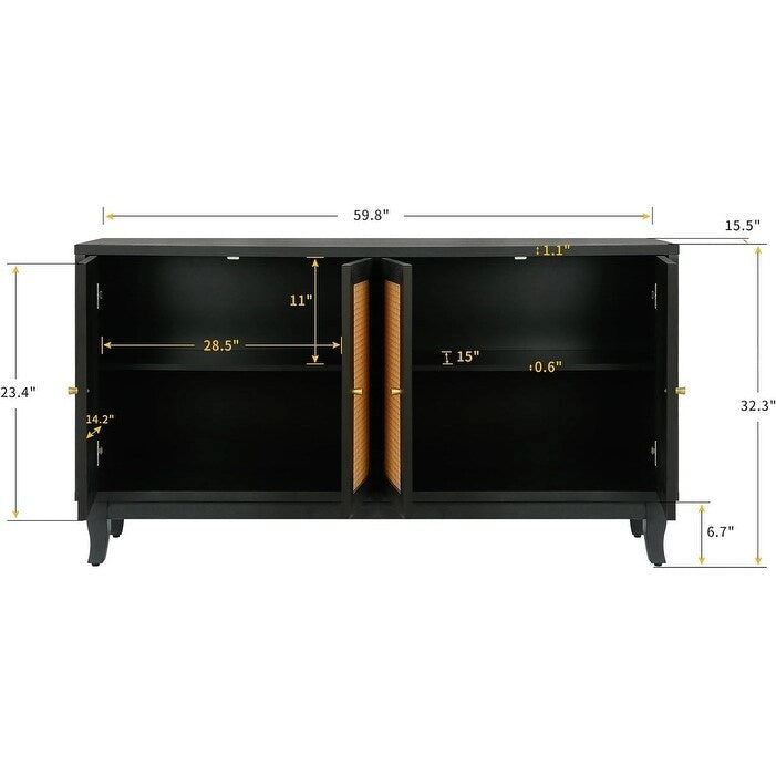 Antique Dark Grey Rattan Sideboard Cabinet with 4 Doors