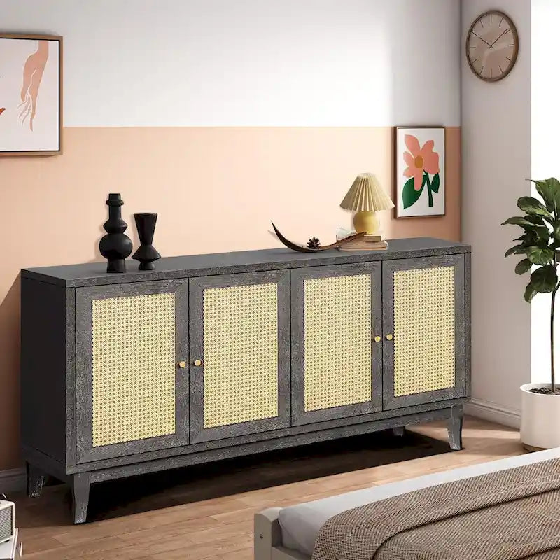 Antique Dark Grey Rattan Sideboard Cabinet with 4 Doors