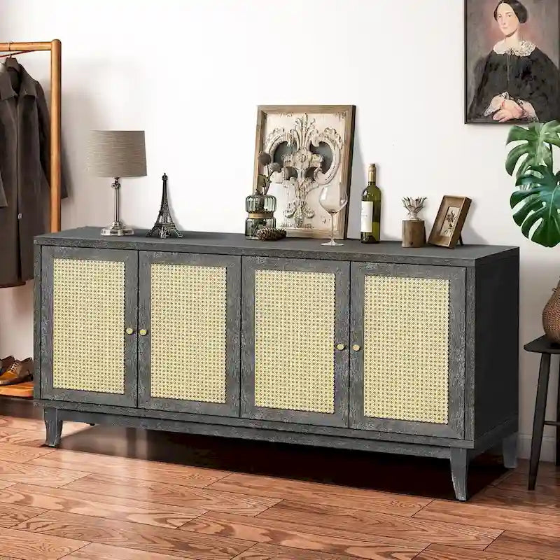 Antique Dark Grey Rattan Sideboard Cabinet with 4 Doors