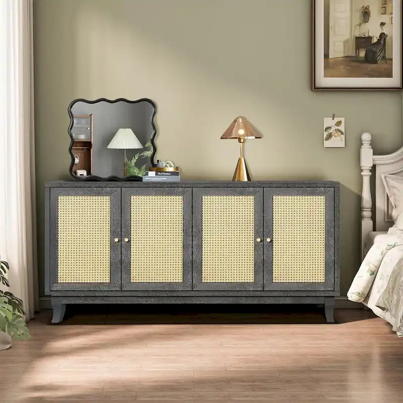Antique Dark Grey Rattan Sideboard Cabinet with 4 Doors