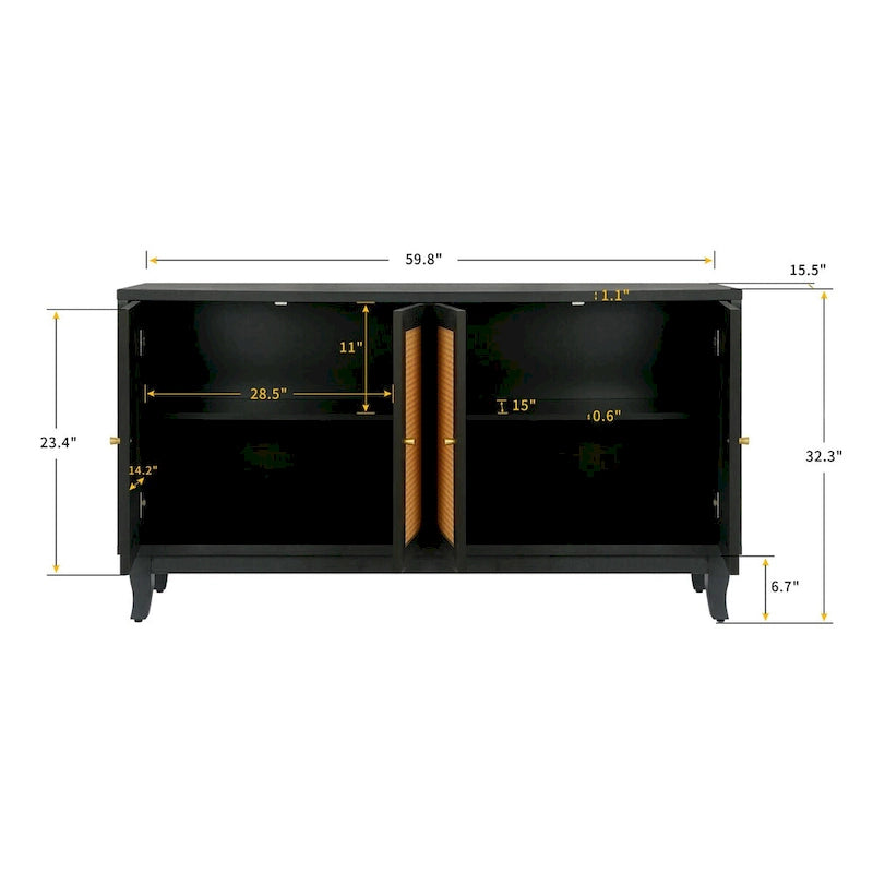 Antique Dark Grey Rattan Sideboard Cabinet with 4 Doors