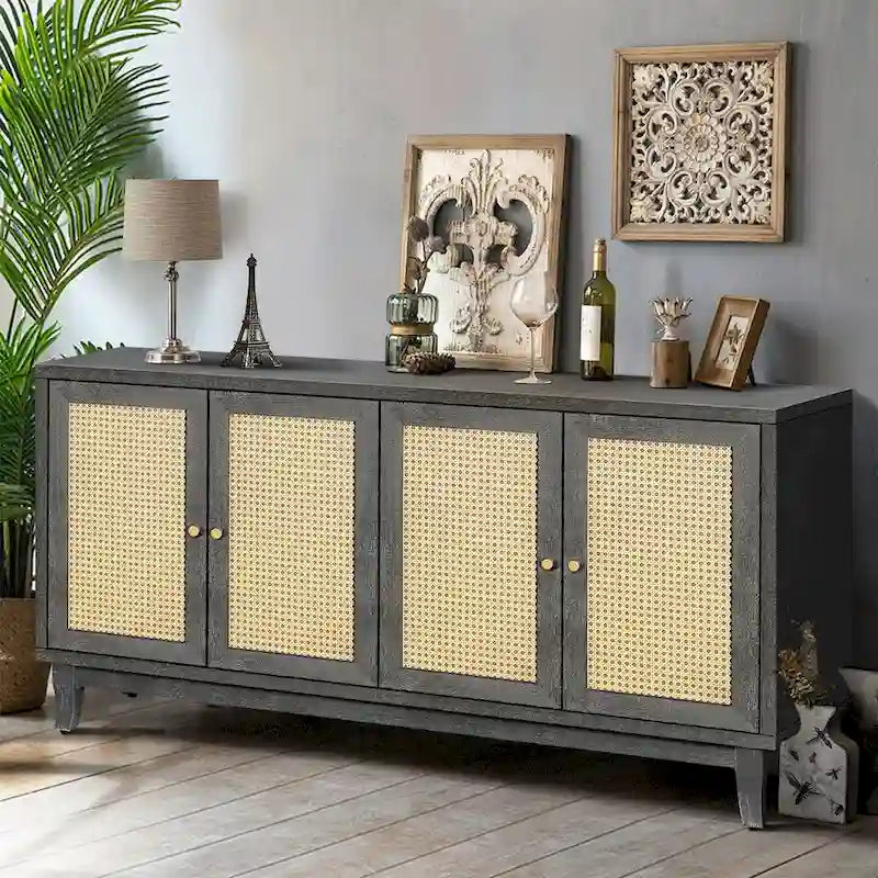 Antique Dark Grey Rattan Sideboard Cabinet with 4 Doors