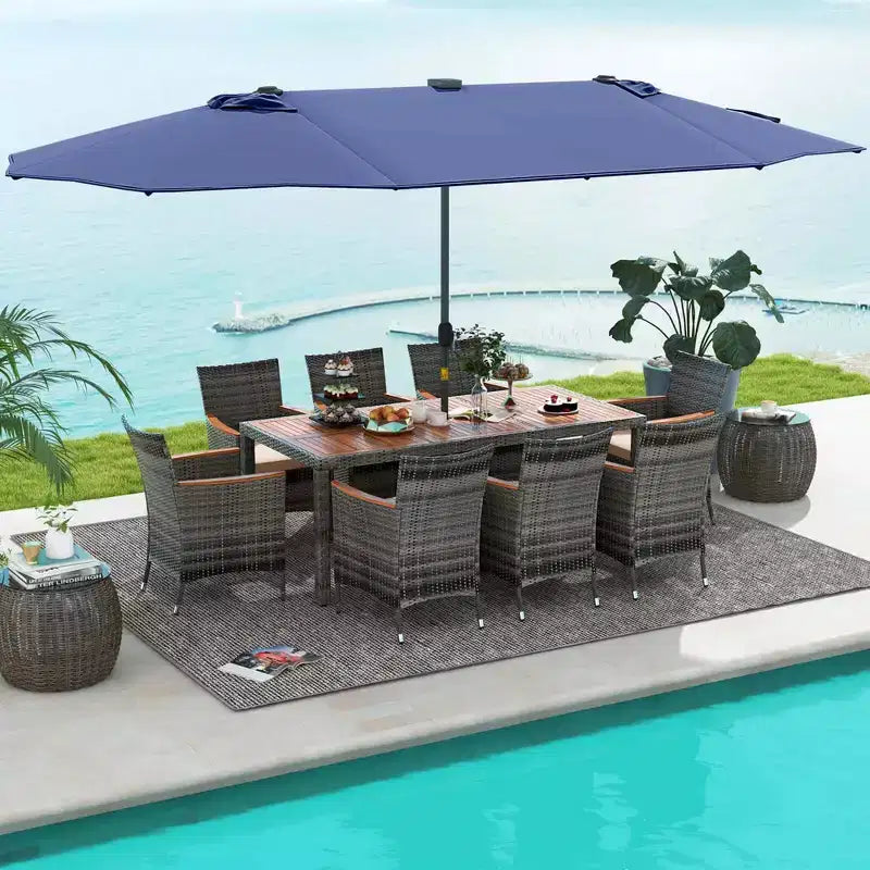 Costway Set da Pranzo da Esterno 11 Pezzi con Ombrellone a Doppio Lato da 4,5 m 8 Poltrone Blu/Beige/Arancio/Bordeaux
