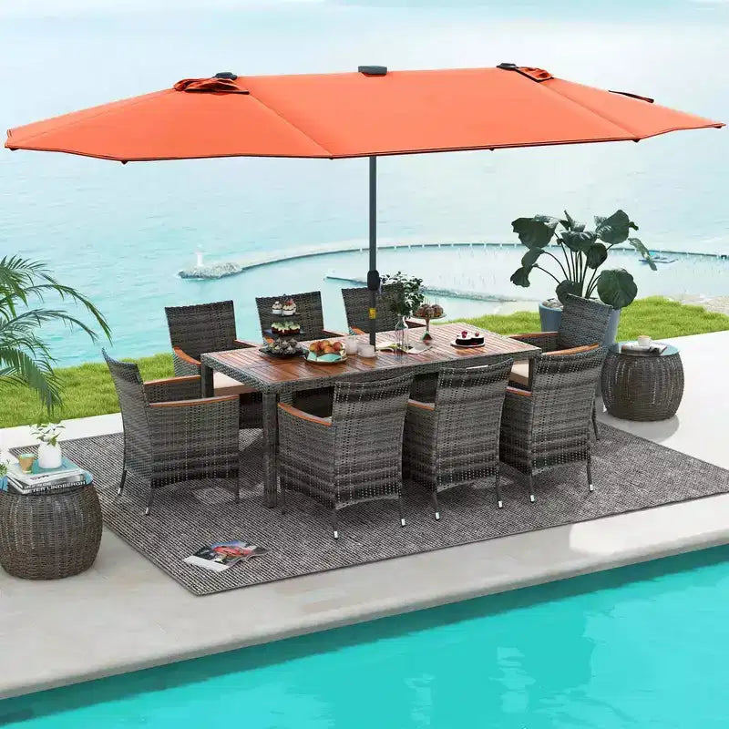 Costway Set da Pranzo da Esterno 11 Pezzi con Ombrellone a Doppio Lato da 4,5 m 8 Poltrone Blu/Beige/Arancio/Bordeaux