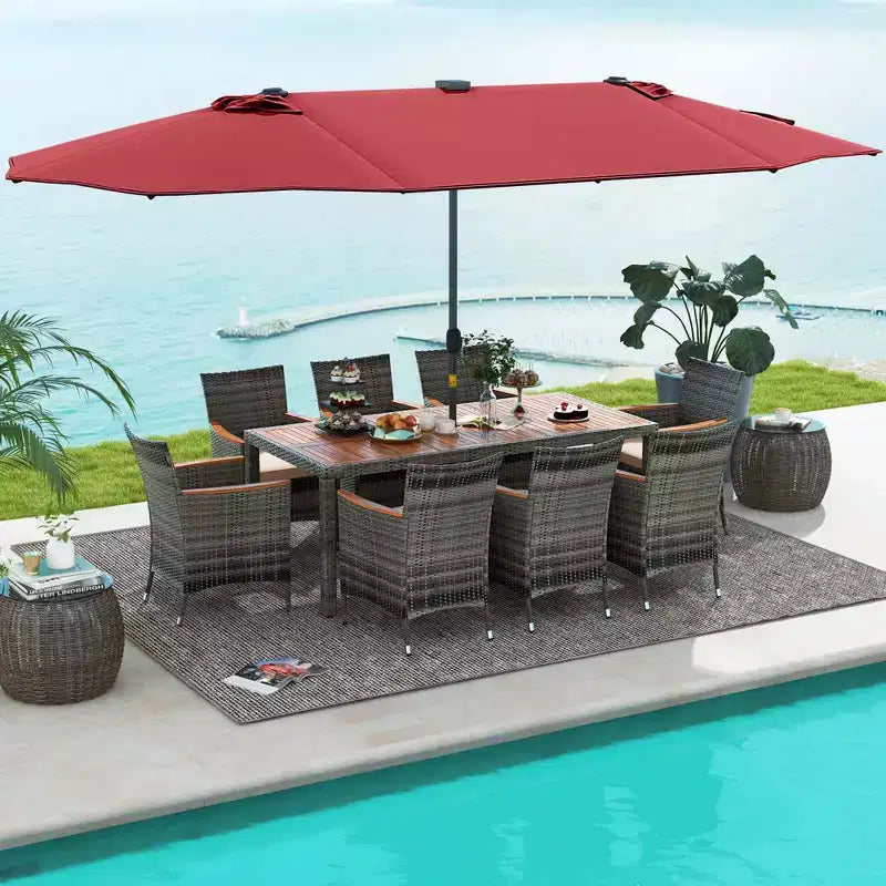 Costway Set da Pranzo da Esterno 11 Pezzi con Ombrellone a Doppio Lato da 4,5 m 8 Poltrone Blu/Beige/Arancio/Bordeaux