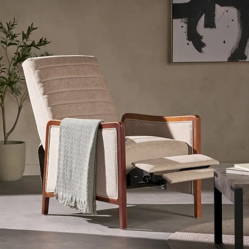 Poltrona reclinabile Mid-Century Modern in tessuto con cuciture a canale e spinta manuale in legno