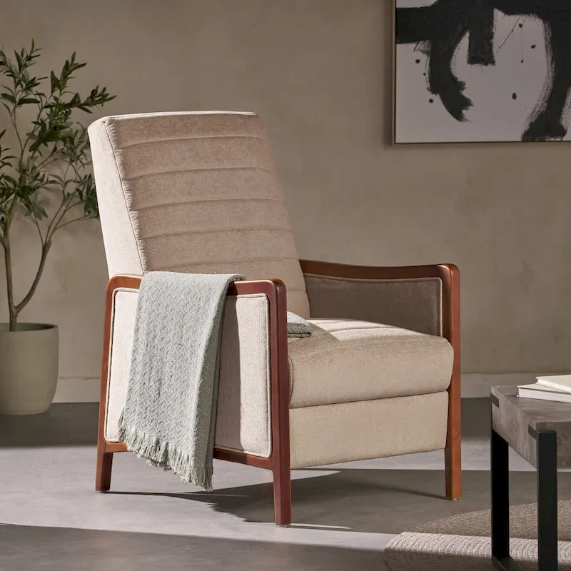 Poltrona reclinabile Mid-Century Modern in tessuto con cuciture a canale e spinta manuale in legno