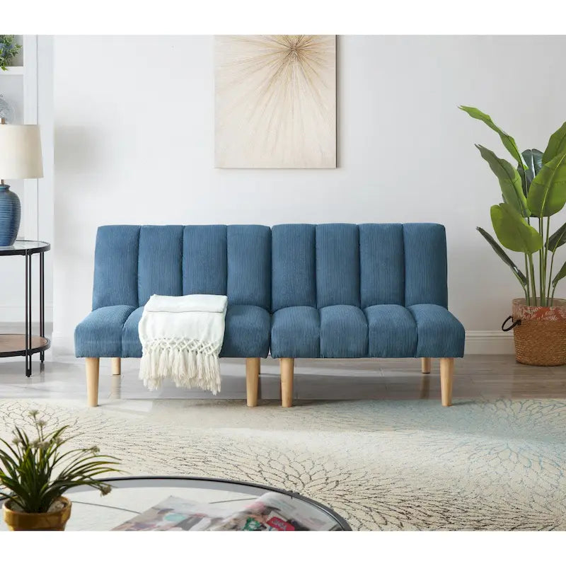 Divano Letto Convertibile in Velluto a Coste, Gambe in Legno (Colore:Blu)
