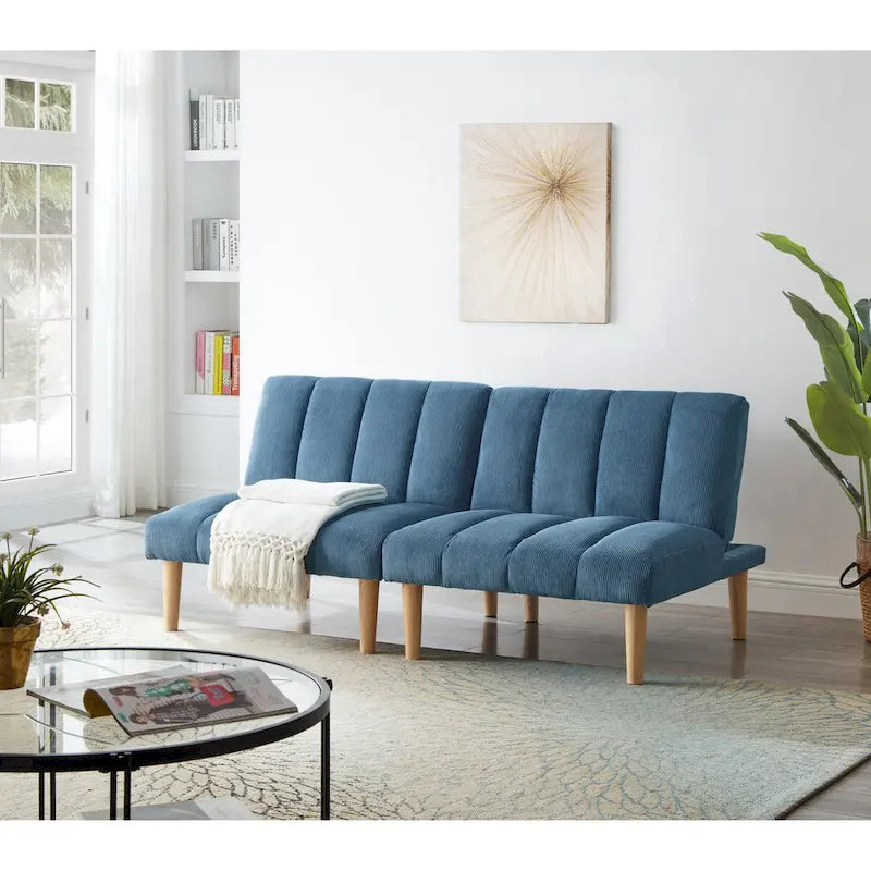 Divano Letto Convertibile in Velluto a Coste, Gambe in Legno (Colore:Blu)
