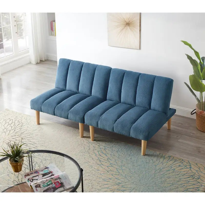 Divano Letto Convertibile in Velluto a Coste, Gambe in Legno (Colore:Blu)