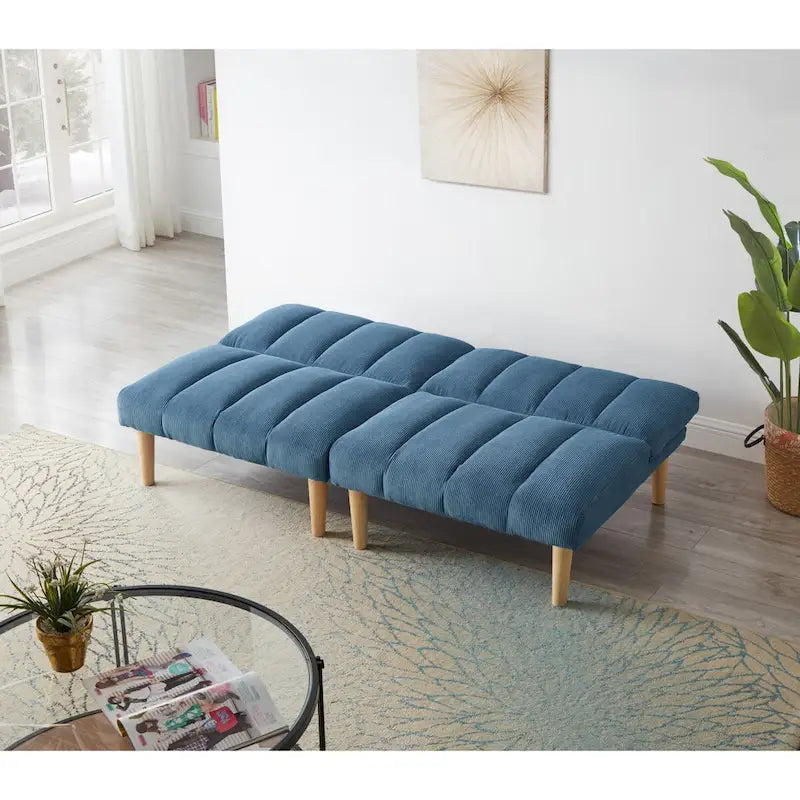 Divano Letto Convertibile in Velluto a Coste, Gambe in Legno (Colore:Blu)