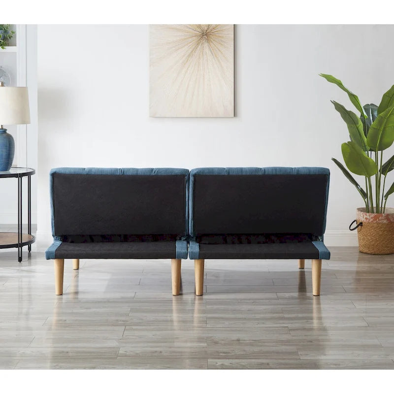 Divano Letto Convertibile in Velluto a Coste, Gambe in Legno (Colore:Blu)