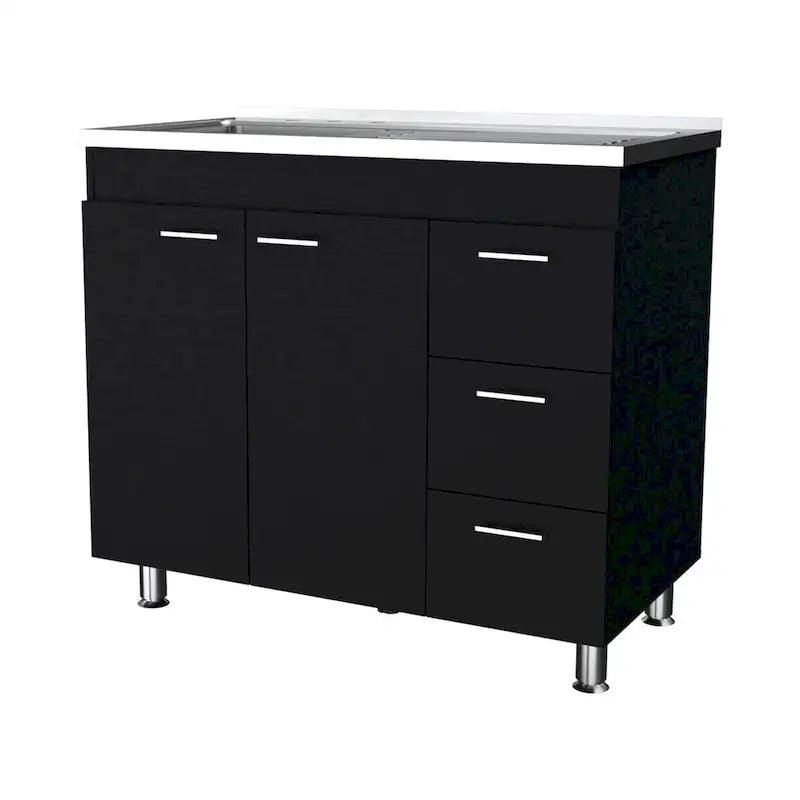 Base con cassetti in melaminico Darien, tre cassetti e piano in acciaio inox.