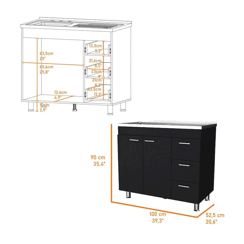 Base con cassetti in melaminico Darien, tre cassetti e piano in acciaio inox.