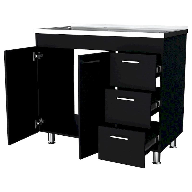 Base con cassetti in melaminico Darien, tre cassetti e piano in acciaio inox.