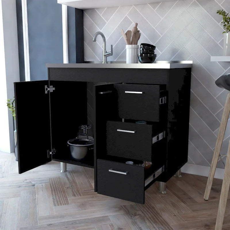 Base con cassetti in melaminico Darien, tre cassetti e piano in acciaio inox.