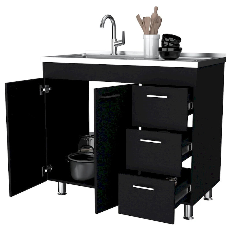 Base con cassetti in melaminico Darien, tre cassetti e piano in acciaio inox.