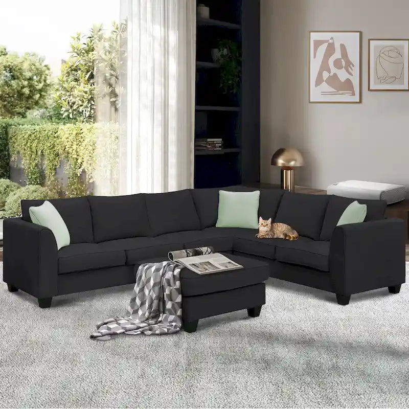 Divano Sezionale Couche da Soggiorno 112*87, Set Salotto a 7 Posti con Pouf, Divano ad Angolo a L con 3 Cuscini
