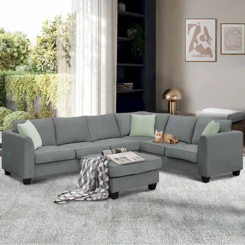 Divano Sezionale Couche da Soggiorno 112*87, Set Salotto a 7 Posti con Pouf, Divano ad Angolo a L con 3 Cuscini