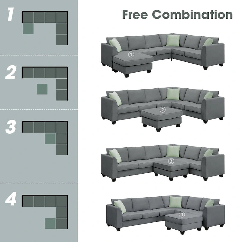Divano Sezionale Couche da Soggiorno 112*87, Set Salotto a 7 Posti con Pouf, Divano ad Angolo a L con 3 Cuscini
