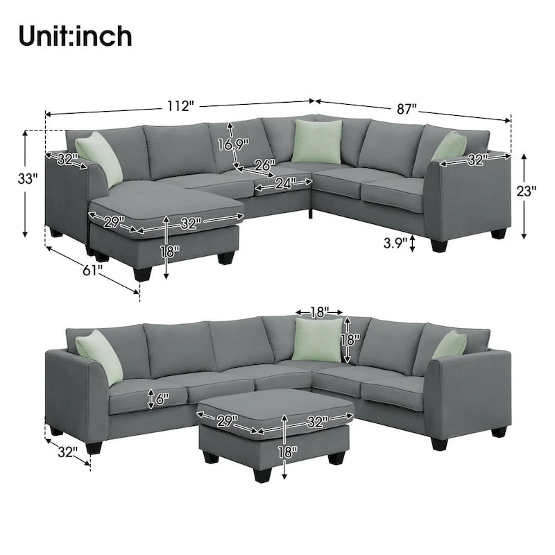Divano Sezionale Couche da Soggiorno 112*87, Set Salotto a 7 Posti con Pouf, Divano ad Angolo a L con 3 Cuscini