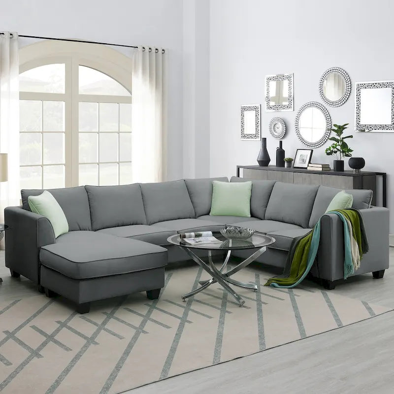 Divano Sezionale Couche da Soggiorno 112*87, Set Salotto a 7 Posti con Pouf, Divano ad Angolo a L con 3 Cuscini