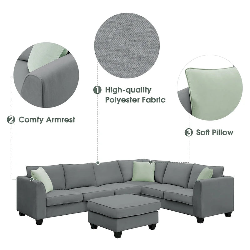 Divano Sezionale Couche da Soggiorno 112*87, Set Salotto a 7 Posti con Pouf, Divano ad Angolo a L con 3 Cuscini
