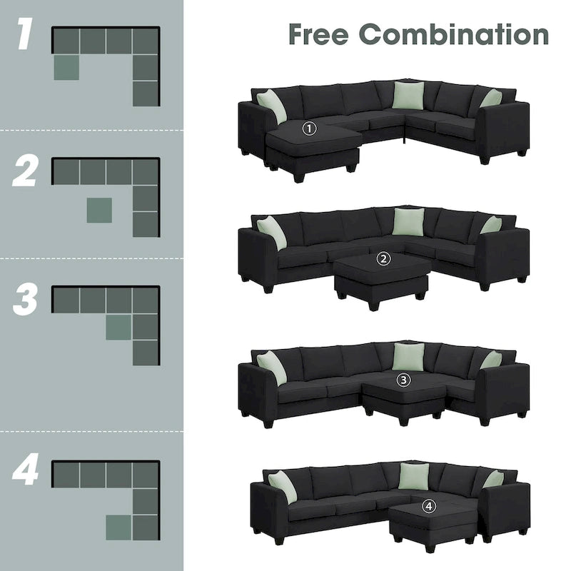 Divano Sezionale Couche da Soggiorno 112*87, Set Salotto a 7 Posti con Pouf, Divano ad Angolo a L con 3 Cuscini
