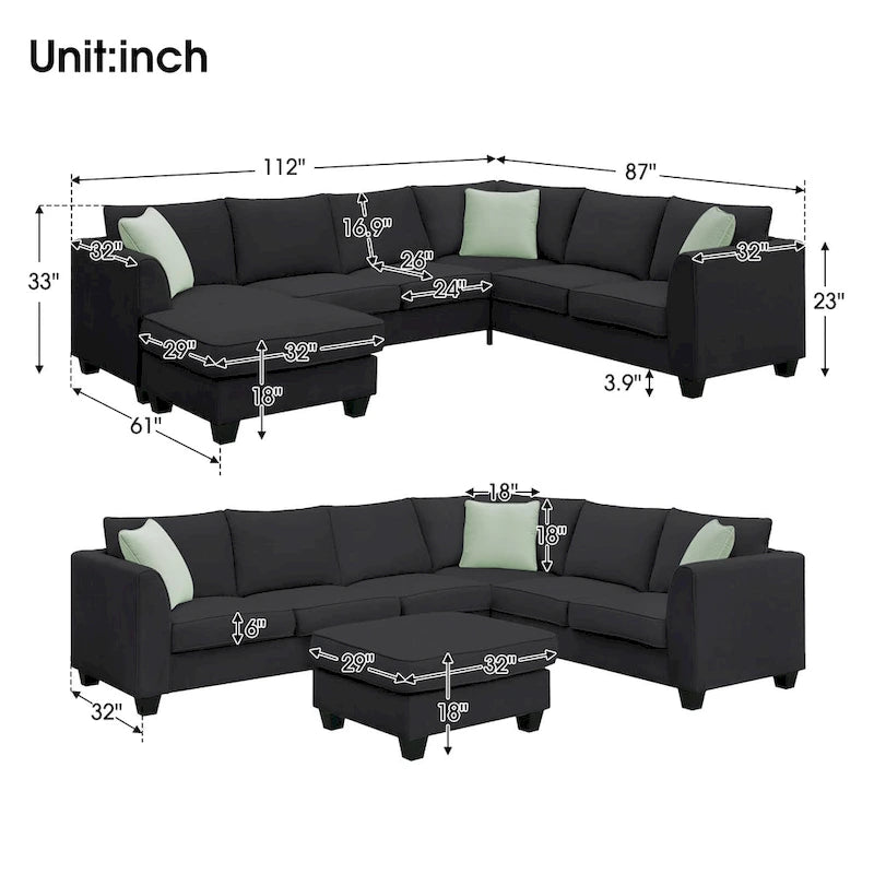 Divano Sezionale Couche da Soggiorno 112*87, Set Salotto a 7 Posti con Pouf, Divano ad Angolo a L con 3 Cuscini