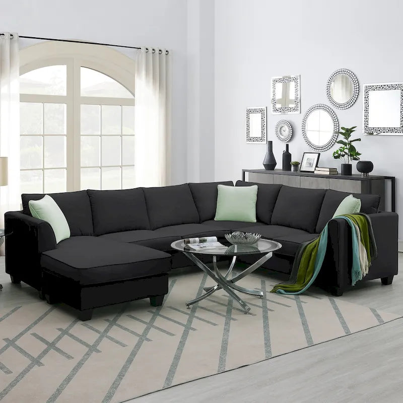 Divano Sezionale Couche da Soggiorno 112*87, Set Salotto a 7 Posti con Pouf, Divano ad Angolo a L con 3 Cuscini