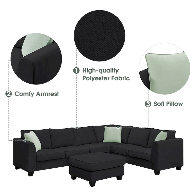 Divano Sezionale Couche da Soggiorno 112*87, Set Salotto a 7 Posti con Pouf, Divano ad Angolo a L con 3 Cuscini