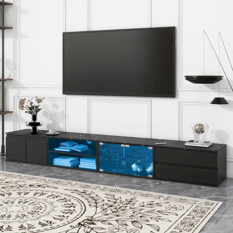 Mobile TV a LED per TV fino a 105 pollici, Consolle multimediale con ante in vetro temperato, Centro di intrattenimento con 2 cassetti e armadietti