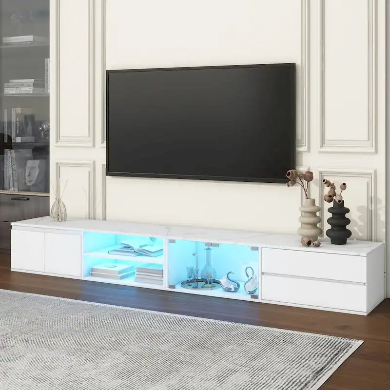 Mobile TV a LED per TV fino a 105 pollici, Consolle multimediale con ante in vetro temperato, Centro di intrattenimento con 2 cassetti e armadietti