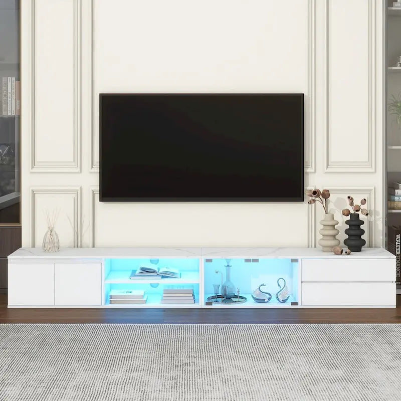Mobile TV a LED per TV fino a 105 pollici, Consolle multimediale con ante in vetro temperato, Centro di intrattenimento con 2 cassetti e armadietti