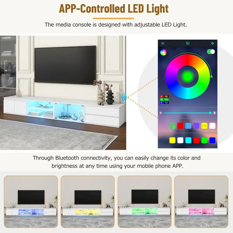 Mobile TV a LED per TV fino a 105 pollici, Consolle multimediale con ante in vetro temperato, Centro di intrattenimento con 2 cassetti e armadietti