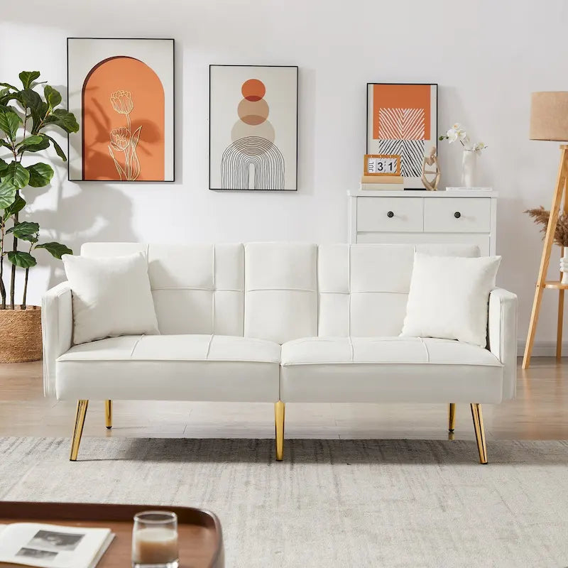 Divano letto futon in velluto con gambe in metallo dorato per soggiorno, ingresso, corridoio, ufficio