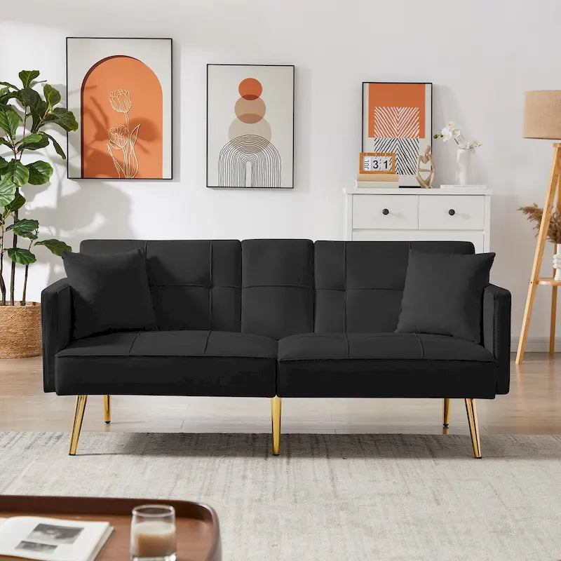 Divano letto futon in velluto con gambe in metallo dorato per soggiorno, ingresso, corridoio, ufficio