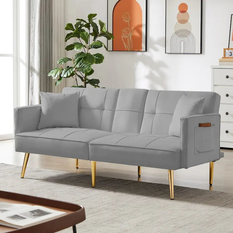 Divano letto futon in velluto con gambe in metallo dorato per soggiorno, ingresso, corridoio, ufficio