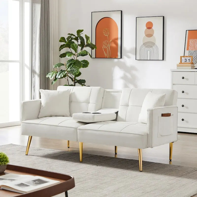 Divano letto futon in velluto con gambe in metallo dorato per soggiorno, ingresso, corridoio, ufficio