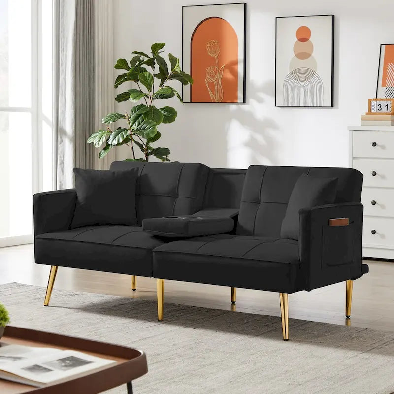 Divano letto futon in velluto con gambe in metallo dorato per soggiorno, ingresso, corridoio, ufficio