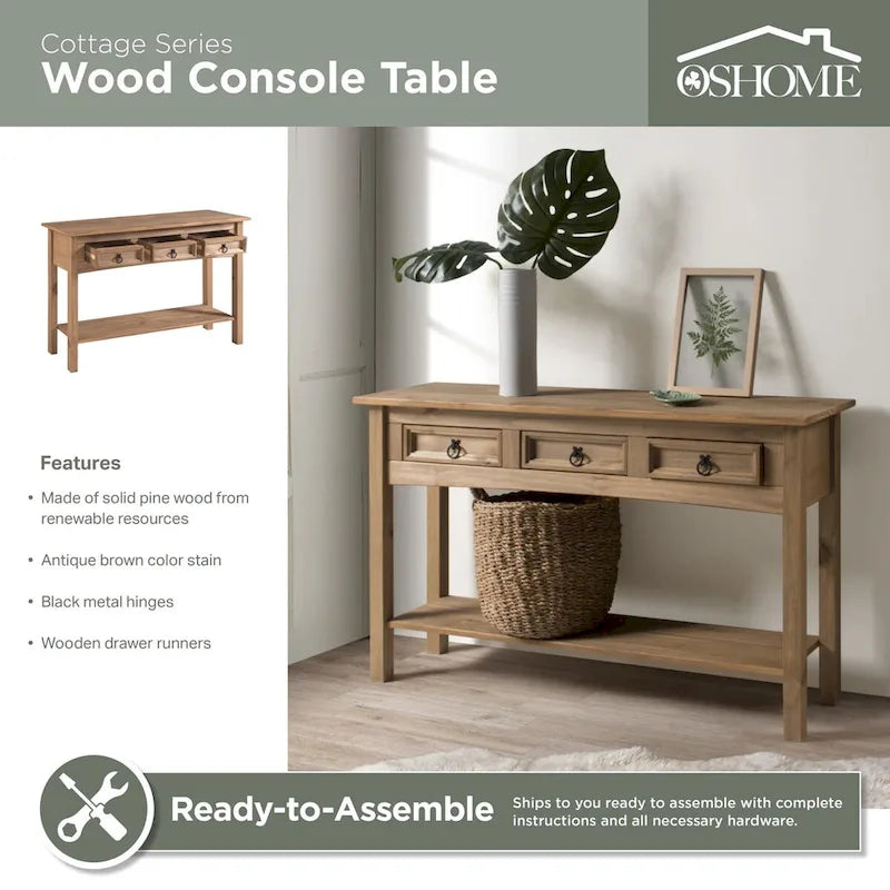 OS Home and Office Furniture, modello COR933, consolle a tre cassetti in legno della serie Cottage, finitura Corona Brown