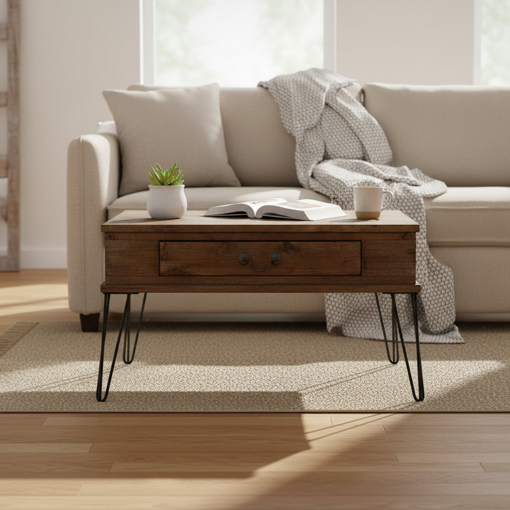 32 Inch Square Cocktail Coffee Table - Brown Wood, Black Legs - 2 Drawers