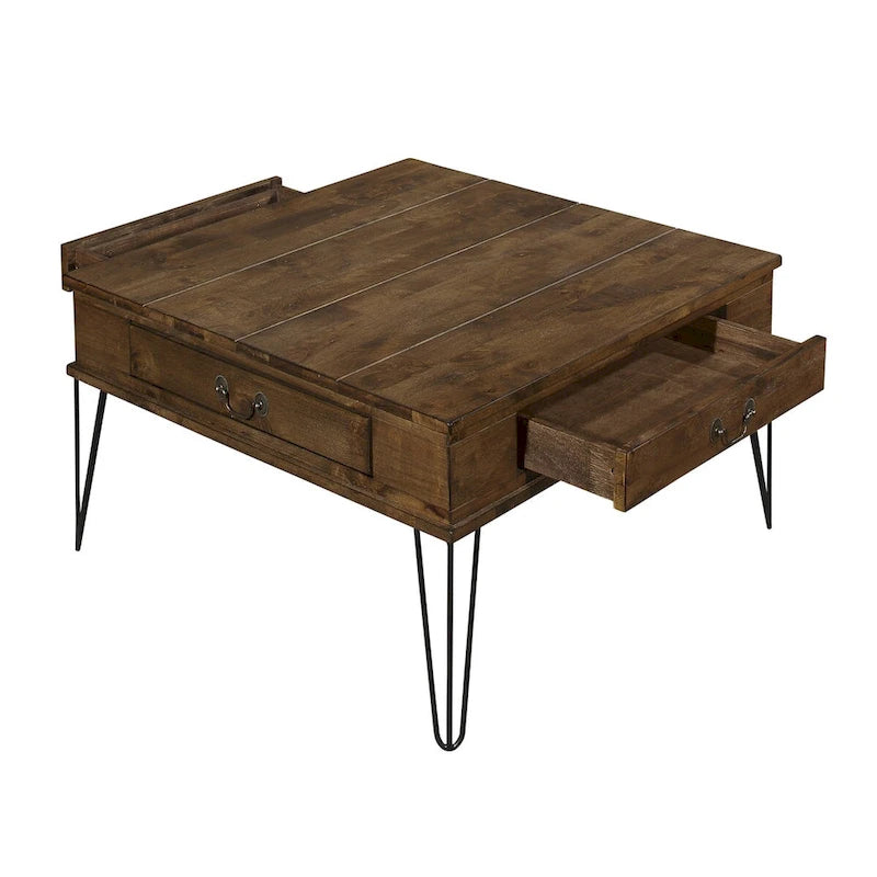 32 Inch Square Cocktail Coffee Table - Brown Wood, Black Legs - 2 Drawers